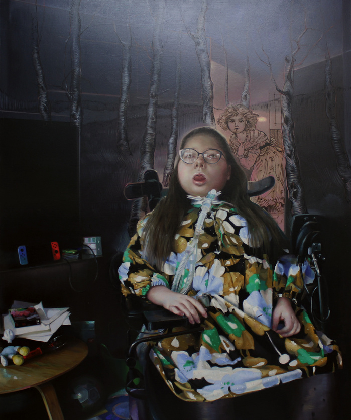 Painting of a disabled girl in her chair and some symbolic elements