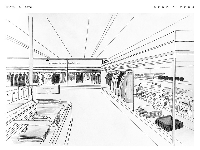 a sketch of the guerrilla store of Sere Rivérs by designer Alexander Wolf