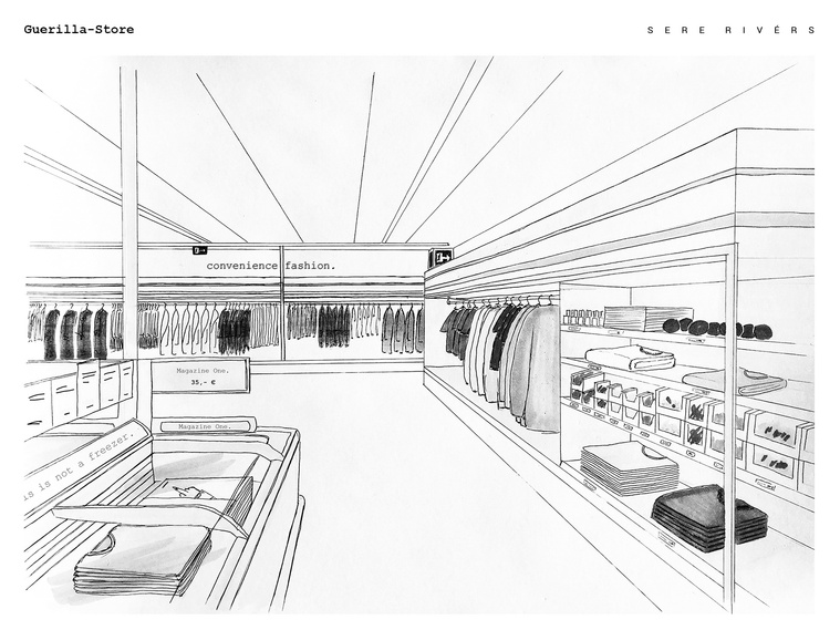 a sketch of the guerrilla store of Sere Rivérs by designer Alexander Wolf