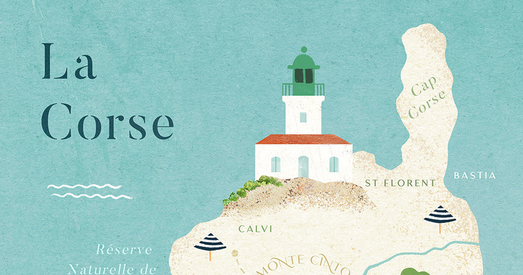 Close up detail of an illustrated Map of Corsica with lighthouse, beaches and key towns marked.