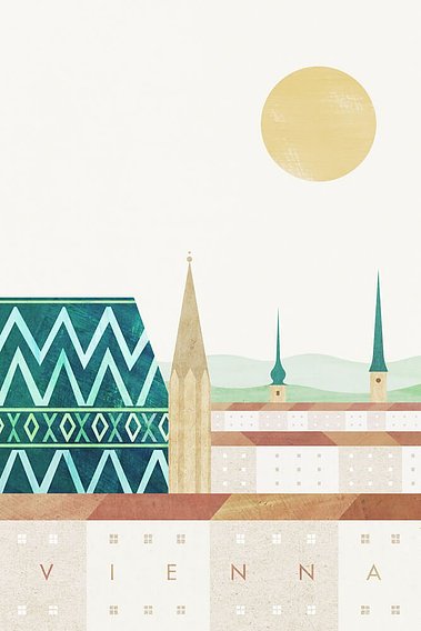 Vienna skyline illustration with Stephansdom and red rooftops of Austria. Artwork by Henry Rivers.