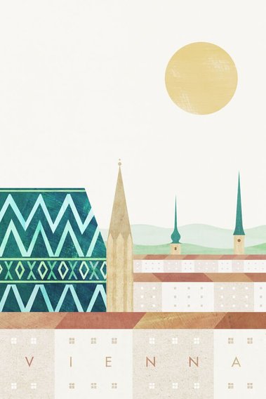 Vienna skyline illustration with Stephansdom and red rooftops of Austria. Artwork by Henry Rivers.
