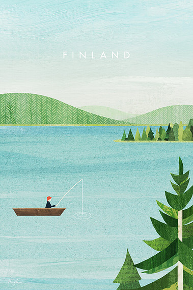 Finland Lakeland travel poster by Henry Rivers. Minimalist design with a boat on a lake. Collage illlustration.