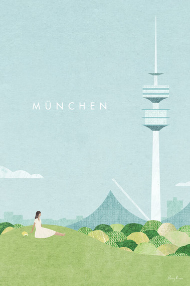 Munich travel poster of the Olympic Park. Illustration of Germany by Henry Rivers.