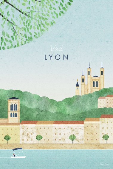 Lyon modern travel poster. River Rhone in Lyon with La Basilique and girl on a little boat. Art by Henry Rivers.
