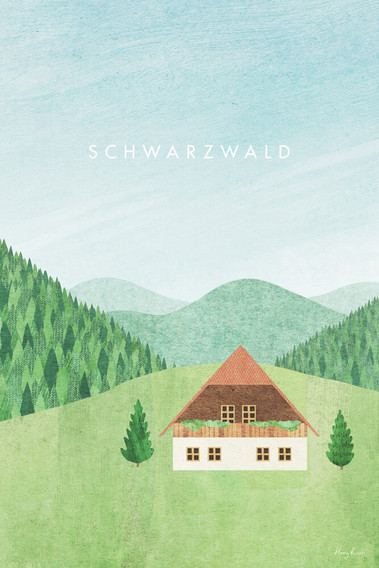 Schwarzwald travel poster. Chalet in the blackforest illustration by Henry Rivers.