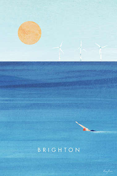 Brighton sea swimming open water artwork. Brighton & Hove beach with wind turbines. Art by Henry Rivers.