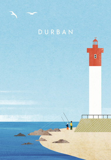 Durban Umhlanga lighthouse with two fisherman on a beach in Durban, South Africa. Travel illustration by Henry Rivers.