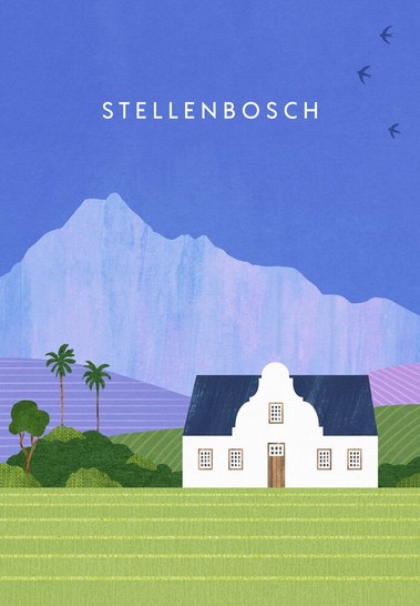 Travel poster of Stellenbosch vineyard with mountains and traditional Cape Dutch architecture. Artwork by Henry Rivers