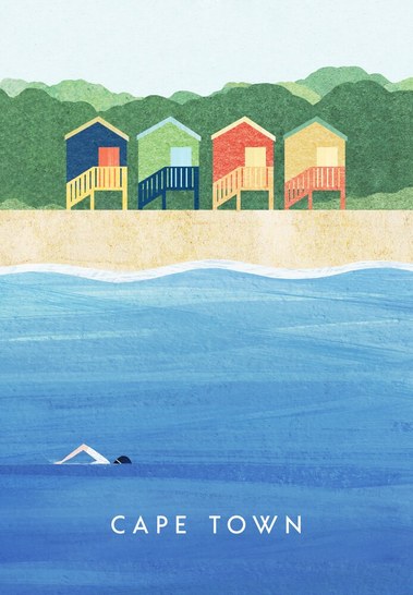 Travel poster of Cape Town's iconic colourful beach huts from Muizenberg beach. Modern illustration with swimmer in the sea and trees behind. Artwork by Henry Rivers.