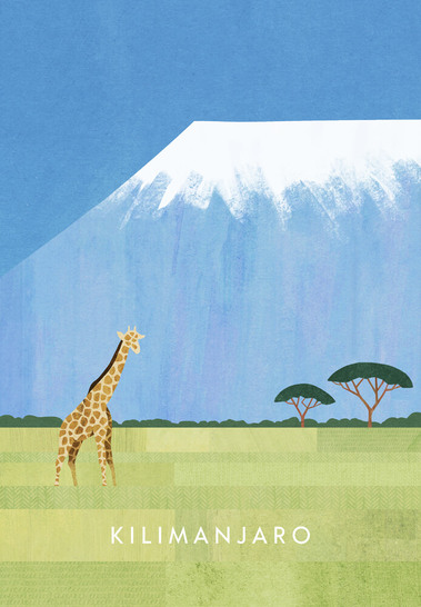 Kilimanjaro travel poster illustration with giraffe and the African savannah in the a collage artwork style. Artwork by Henry Rivers.