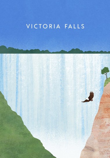 Travel poster of Victoria Falls with African Fish Eagle by artist Henry Rivers.