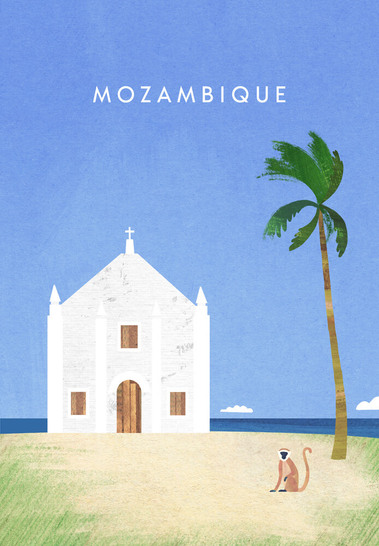 Mozambique, Africa church travel poster with vervet monkey and a palm tree. Travel art by Henry Rivers.