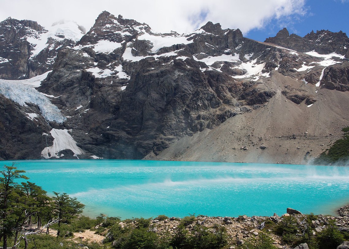 Wind whips across Lake Azul, Patagonia, Argentinia.