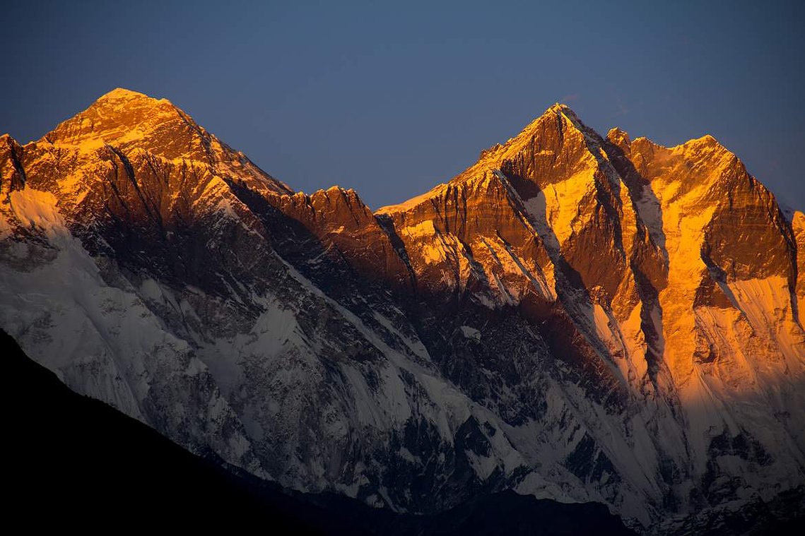 A golden sunset on Mt. Everest and Lhotse.
