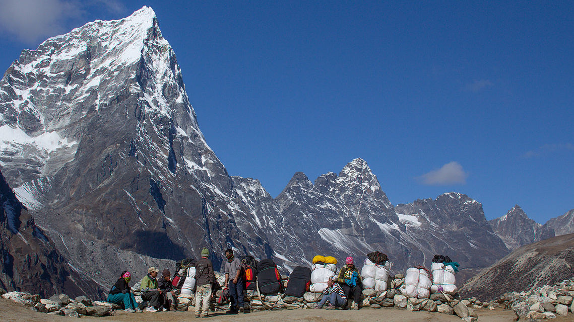 Sherpas rest at 16,000 feet on the way to Everest Base Camp.