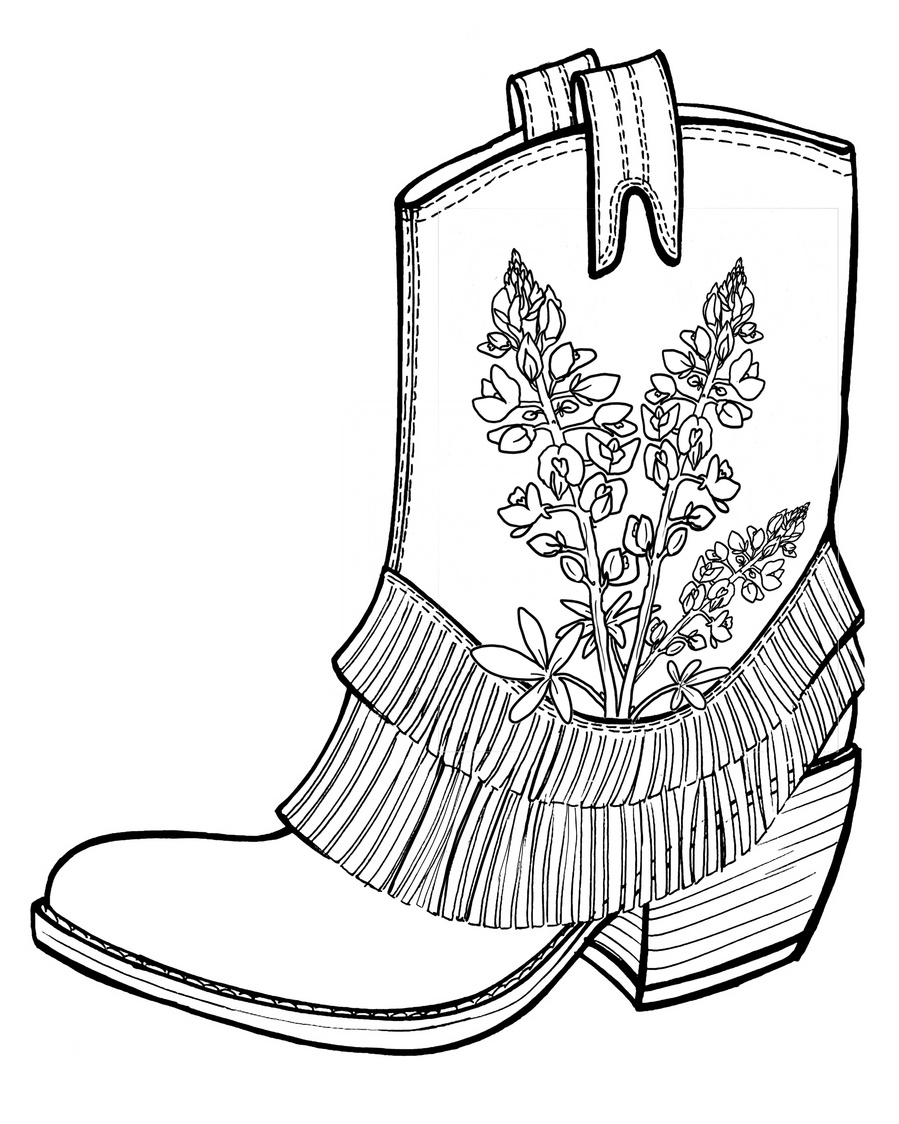A fringe boot with a bluebonnet on the side. Watercolor coloring page, adult coloring page, texas