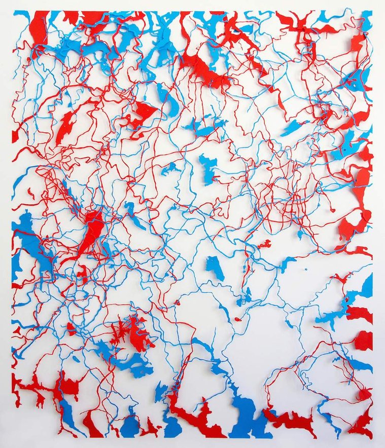 Body of Water, contemporary art, Tasmanian artist Diane Allison, Hallison Studios.Tasmanian rivers & waterways in cut paper of blue and red, white background. Suggestive of body's circulatory system. Finalist Glover Art Prize