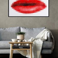 In-situ art, living room, grey wool couch and wall, throw rug. Pout #4 large collage of photographs of the artist's red lips wearing lipstick forming one large mouth on white background. By Tasmanian contemporary visual artist Di Allison HALLISON Studios.