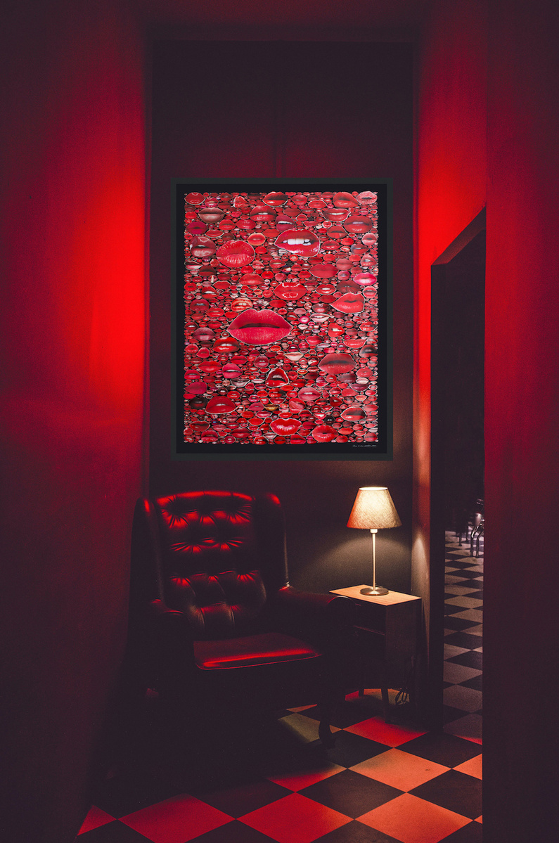 In-situ of large contemporary art collage entitled Gloss by Tasmanian visual artist Diane Allison of HALLISON Studios featuring hundreds of red pouting lips from magazines against a black ground, in a bar/night club with red lighting and black club chair.