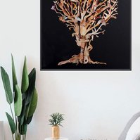 Art in-situ in living room with green pot plants. Hand Hold, large contemporary art collage by HALLISON Studios, hands & arms from fashion magazines Vogue, Harpers Bazaar, Elle, Marie Claire, Net-a-Porter, form a tree on a black background.