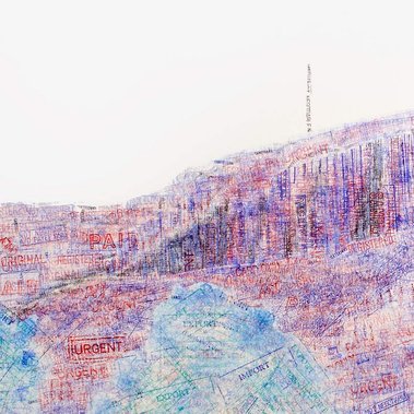 Not Negotiable is a landscape by contemporary visual artist Di Allison, HALLISON Studios, Tasmania of Kunanyi Mount Wellington Hobart depicted in recycled business stamps and inks in shades of blue, mauve purple & black, about development of wilderness.