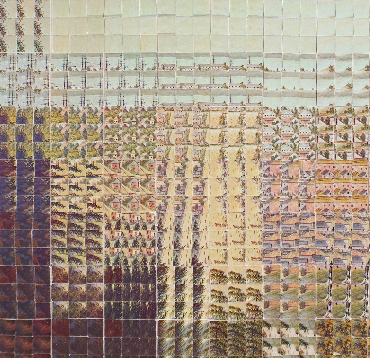 Detail of Subdivision #2 collage art by contemporary visual artist Diane Allison, HALLISON Studios, Tasmania/lutruwita. Hand cut vintage TMAG postcards of 1830s nipaluna/Hobart Town colonial painting by Benjamin Duterrau form a large scale postcard.