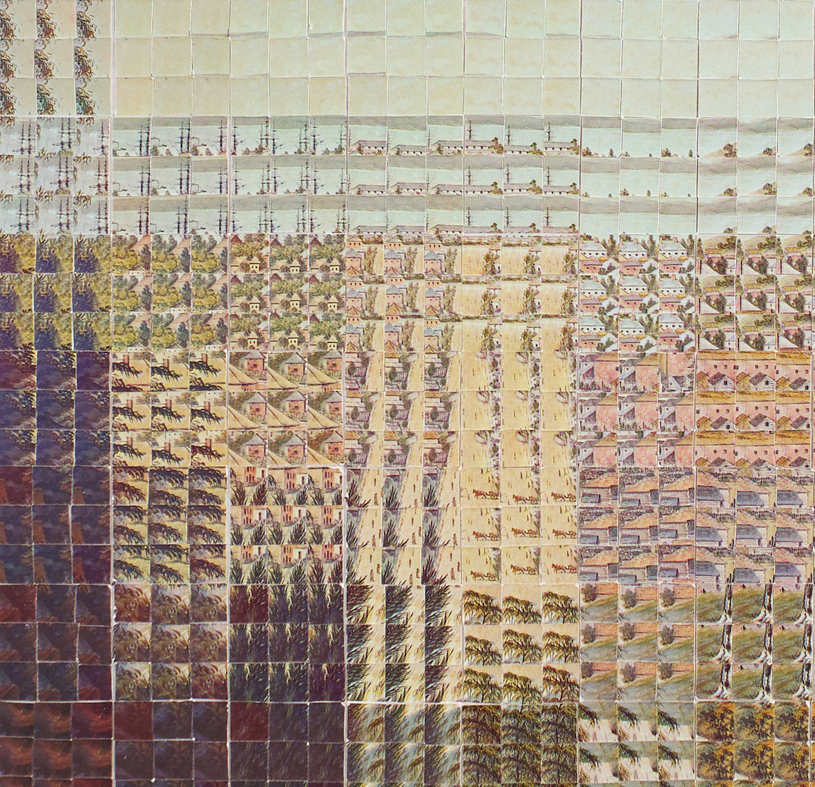 Detail of Subdivision #2 collage art by contemporary visual artist Diane Allison, HALLISON Studios, Tasmania/lutruwita. Hand cut vintage TMAG postcards of 1830s nipaluna/Hobart Town colonial painting by Benjamin Duterrau form a large scale postcard.
