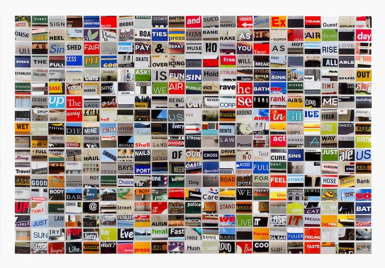 Notice Every Sign is a large photographic grid of hand cut prints of street signage words by contemporary visual artist Diane Allison, HALLISON Studios in Tasmania.  The colourful grid of words forms a type of narrative, concrete poetry, poem, prose.