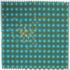 Contemporary art by Di Allison, HALLISON Studios, Tasmania, online gallery. Empty pill capsules arranged in a grid pattern like small flowers. Pop art-like, in colours of blue, green and yellow. Entitled Forget Me Not.