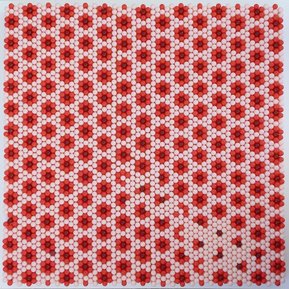 Contemporary art by Di Allison, HALLISON Studios, Tasmania, online gallery. Empty pill capsules arranged in a grid pattern like small flowers. Pop art-like, in colours of red and pink. Entitled Poppies #1.