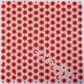 Contemporary art by Di Allison, HALLISON Studios, Tasmania, online gallery. Empty pill capsules arranged in a grid pattern like small flowers. Pop art-like, in colours of red and pink. Entitled Poppies #1.