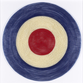 Target #1, an artwork by Tasmanian contemporary artist Di Allison, HALLISON Studios, using empty pill capsules in blue, white and red to form a large target bullseye, Pop Art like, streetwear