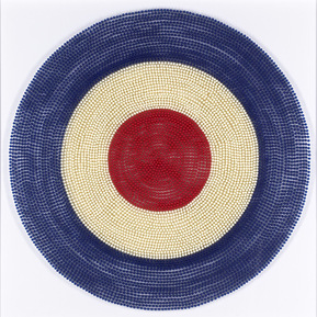 Target #1, an artwork by Tasmanian contemporary artist Di Allison, HALLISON Studios, using empty pill capsules in blue, white and red to form a large target bullseye, Pop Art like, streetwear