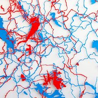 Close up detail of Body of Water, contemporary art byTasmanian artist Diane Allison, Hallison Studios.Tasmanian rivers & waterways in cut paper of blue and red on white background. Suggestive of body's circulatory system. Finalist Glover Art Prize.