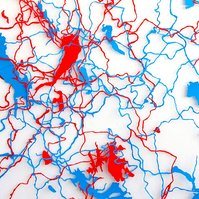 Close up detail of Body of Water, contemporary art byTasmanian artist Diane Allison, Hallison Studios.Tasmanian rivers & waterways in cut paper of blue and red on white background. Suggestive of body's circulatory system. Finalist Glover Art Prize.