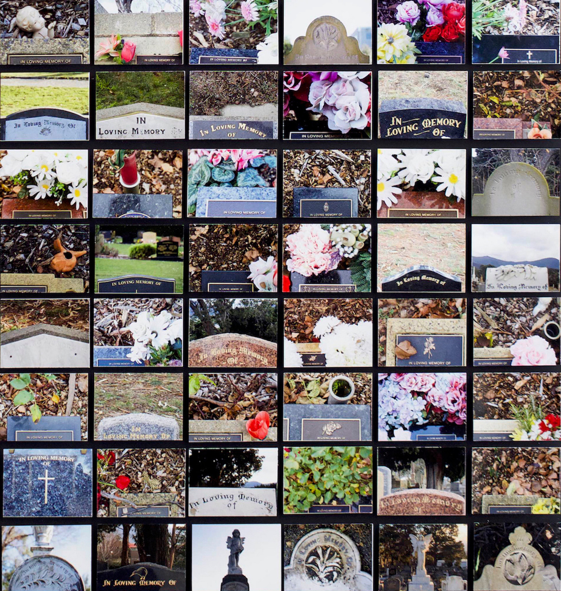Close up of In Loving Memory Of a large photographic grid artwork - pigment prints of different types of gravestones with the words In Loving Memory Of. Collage by contemporary visual artist Diane Allison HALLISON Studios, Tasmania. 