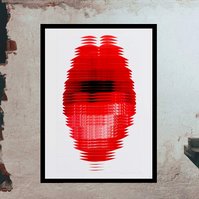 Pout #3 a collage artwork of photographs of the artist's lips, wearing red lipstick, sliced and arranged to form a long mouth in-situ on a rough interior industrial brick wall.  By contemporary visual artist Diane Allison, HALLISON Studios, Tasmania.