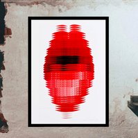 Pout #3 a collage artwork of photographs of the artist's lips, wearing red lipstick, sliced and arranged to form a long mouth in-situ on a rough interior industrial brick wall.  By contemporary visual artist Diane Allison, HALLISON Studios, Tasmania.