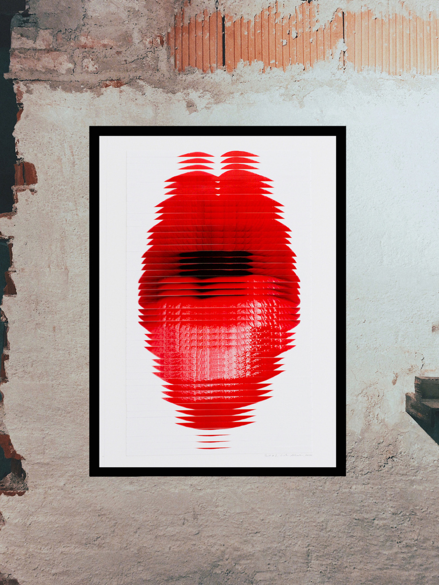 Pout #3 is collage art made from sliced digital pigment print photographs of red lips creating a large, elongated pouting mouth framed and hanging on a rough industrial style brick wall. The visual artist is Tasmanian, Diane Allison, HALLISON Studios.
