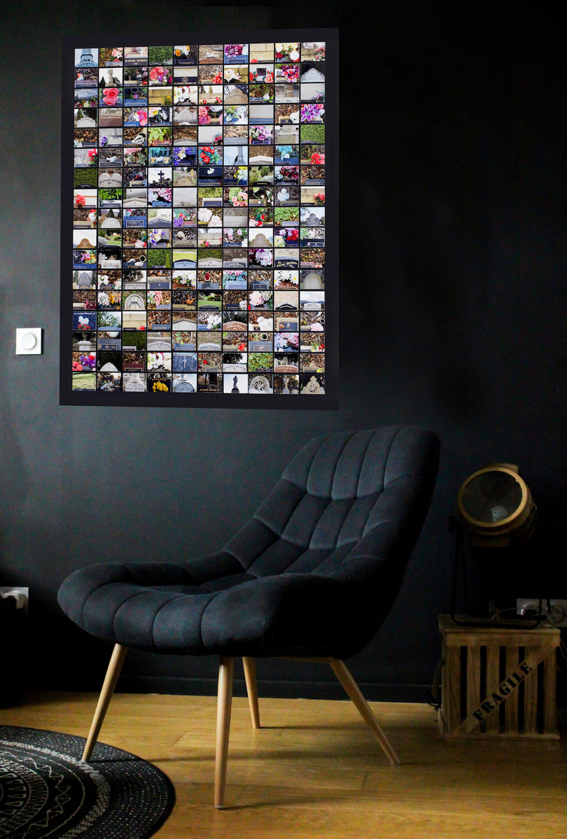 Art in-situ on a dark living room wall with black velvet chair. In Loving Memory Of is a grid of prints of gravestones with the words In Loving Memory Of. Collage by contemporary visual artist Diane Allison HALLISON Studios, Tasmania. 