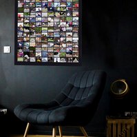 Art in-situ on a dark living room wall with black velvet chair. In Loving Memory Of is a grid of prints of gravestones with the words In Loving Memory Of. Collage by contemporary visual artist Diane Allison HALLISON Studios, Tasmania. 