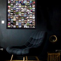 Art in-situ on a dark living room wall with black velvet chair. In Loving Memory Of is a grid of prints of gravestones with the words In Loving Memory Of. Collage by contemporary visual artist Diane Allison HALLISON Studios, Tasmania. 
