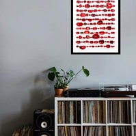 In-situ art, vinyl records in a living room. Speechless, contemporary art work of red lips from fashion magazines Vogue, Elle, Harpers Bazaar and Net-a-Porter.  Pinned in rows like specimens, white background. By Diane Allison HALLISON Studios Tasmania.