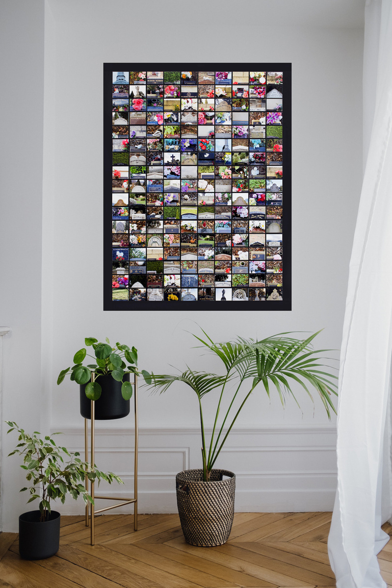 Art in-situ on a white living room wall with green pot plants & wooden floors. In Loving Memory Of is a grid of prints of gravestones with the words In Loving Memory Of. Collage by contemporary visual artist Diane Allison HALLISON Studios, Tasmania. 