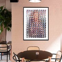 In-situ art in a cafe dining setting. Fake Muse #3 is a large collage by Tasmanian contemporary visual artist Diane Allison, HALLISON Studios made of hand cut squares of Harpers Bazaar fashion magazines which form a large up scaled magazine cover.