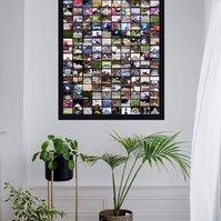 Art in-situ on a white living room wall with green pot plants & wooden floors. In Loving Memory Of is a grid of prints of gravestones with the words In Loving Memory Of. Collage by contemporary visual artist Diane Allison HALLISON Studios, Tasmania. 