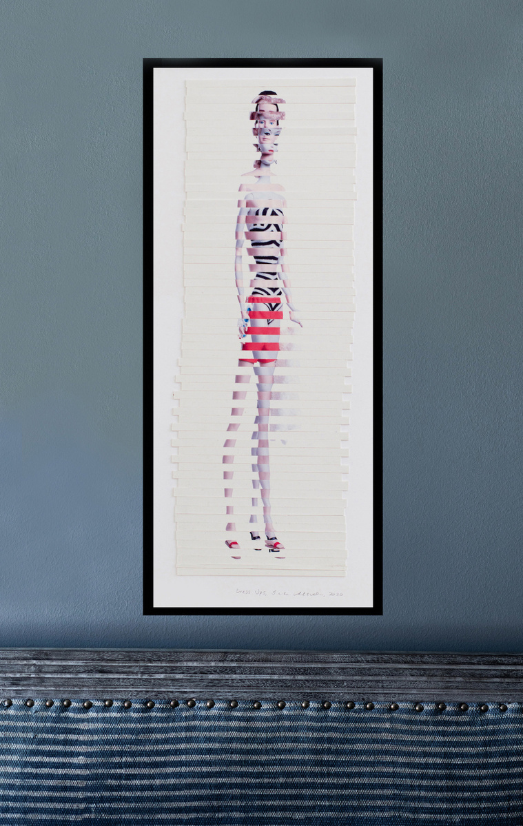 Art in-situ with blue couch, blue wall. Dress Ups collage of postcards Mattel 1959 Barbie, 1961 Ken in striped bathing suit, red trunks, swimwear, sliced making one doll. By contemporary visual artist Di Allison/Diane Allison,  HALLISON Studios, Tasmania.