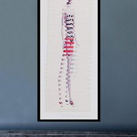 Art in-situ with blue couch, blue wall. Dress Ups collage of postcards Mattel 1959 Barbie, 1961 Ken in striped bathing suit, red trunks, swimwear, sliced making one doll. By contemporary visual artist Di Allison/Diane Allison,  HALLISON Studios, Tasmania.