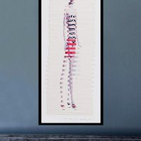Art in-situ with blue couch, blue wall. Dress Ups collage of postcards Mattel 1959 Barbie, 1961 Ken in striped bathing suit, red trunks, swimwear, sliced making one doll. By contemporary visual artist Di Allison/Diane Allison,  HALLISON Studios, Tasmania.